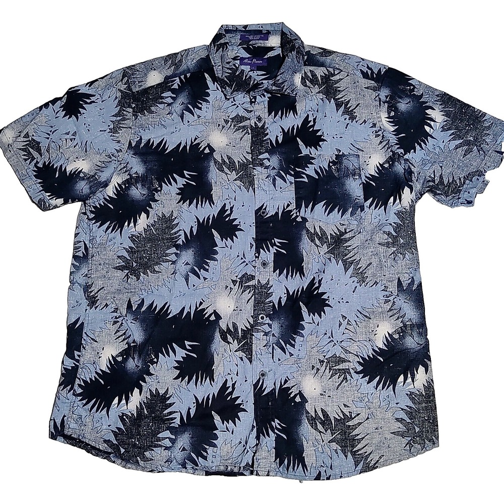 ALAN FLUSSER Men Large Blue Linen Blend Floral Leaves Allover Print Shirt